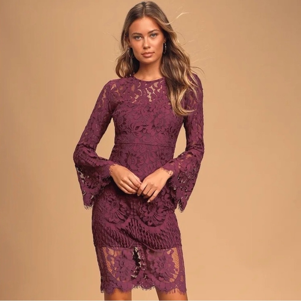 Lulus Enrapturing Elegance Plum Lace Long Sleeve Midi Dress